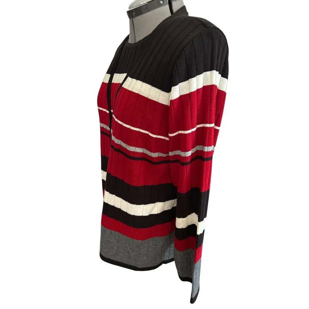 Alfred Dunner Cardigan faux 2 pc Sweater S Black/Red/Gray Striped Button-Front